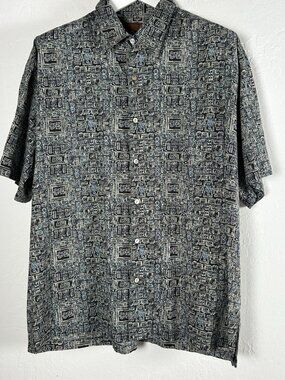 Tori Richard Mens Black Abstract Print Cotton Lawn Button-Up Hawaiian Shirt XL